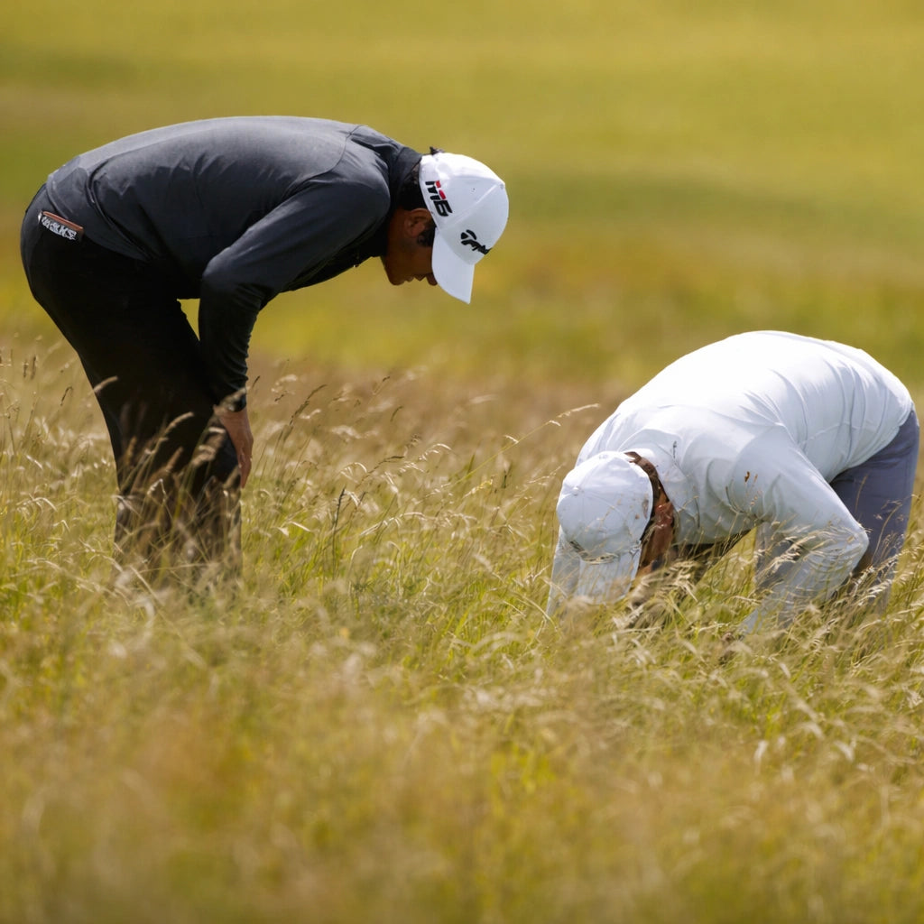 Golfers looking for a ball in long grass