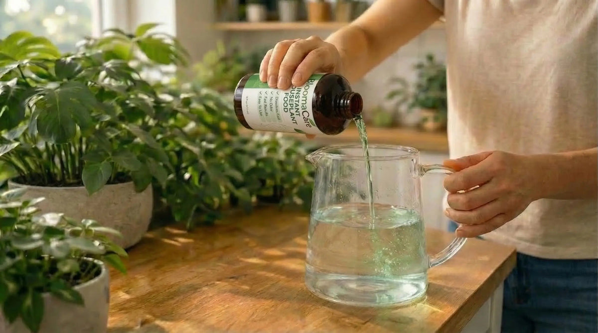 Pouring a capful of liquid plant food into a jug of water