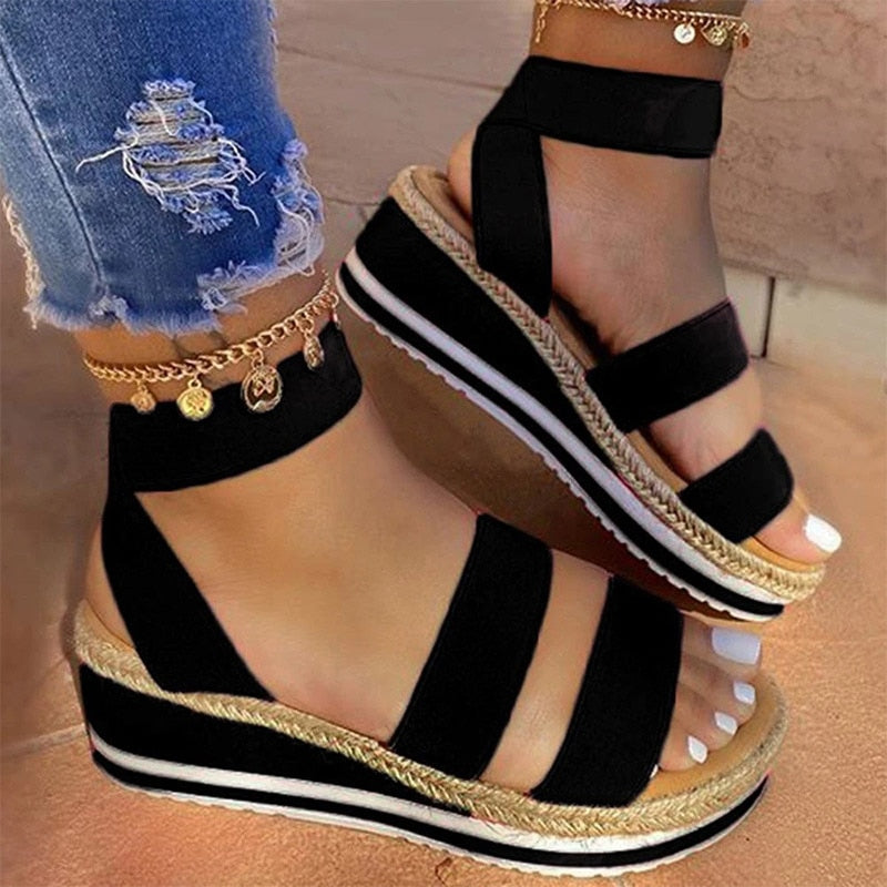 Dámské espadrilky na klínku s otevřenou špičkou a překříženými pásky | Orntli