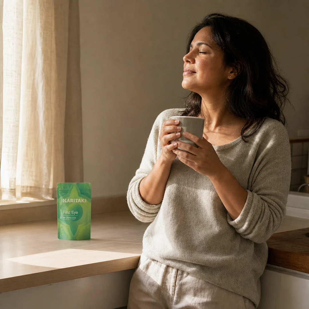Woman enjoying a warm drink by the window with the pouch on the table