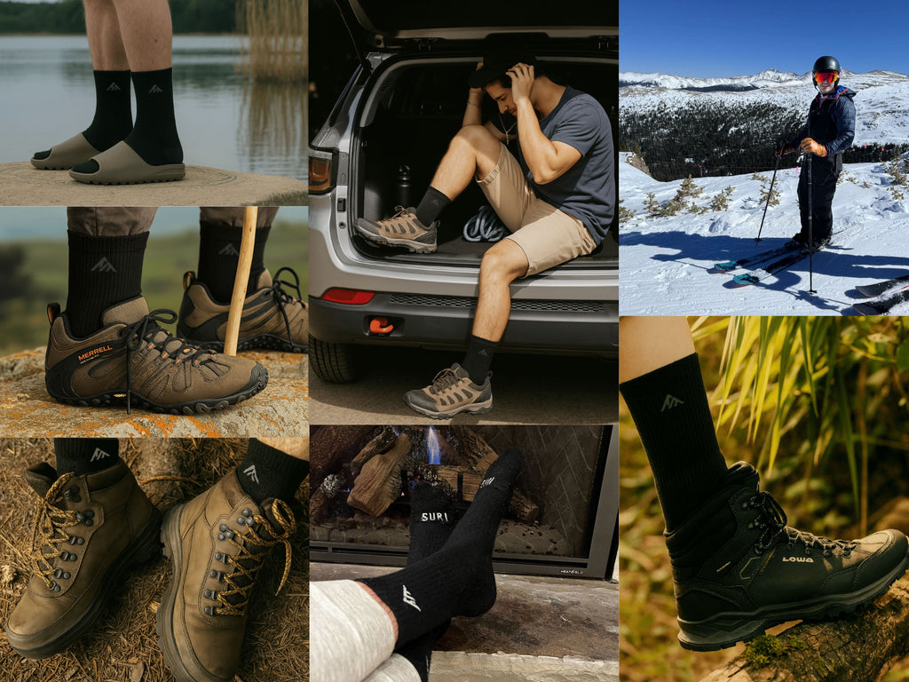 Collage of boot socks worn hiking, camping and working outdoors