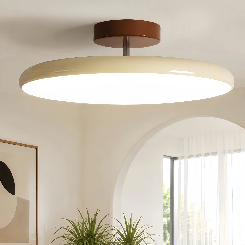 Candeeiro de teto redondo em metal e acrílico — LED quente regulável, bege/verde/vermelho