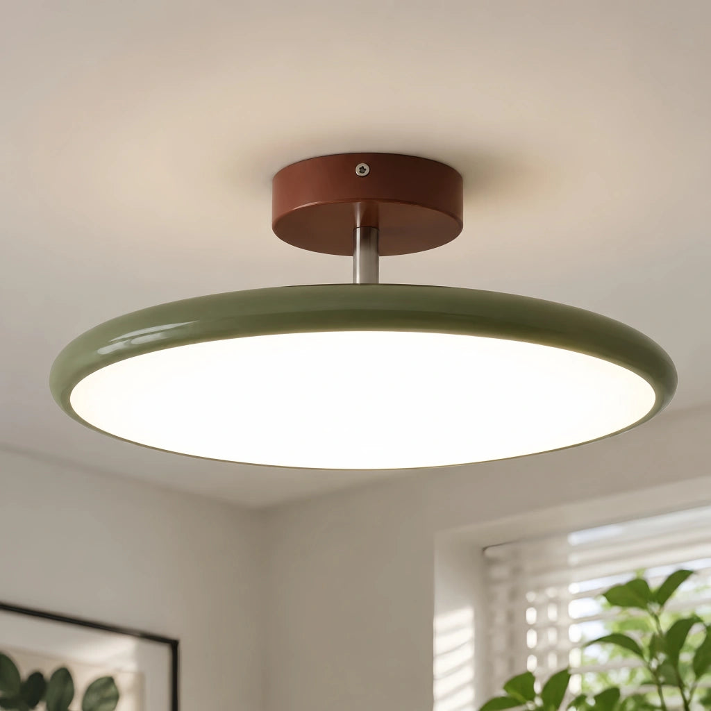 Candeeiro de teto redondo em metal e acrílico — LED quente regulável, bege/verde/vermelho