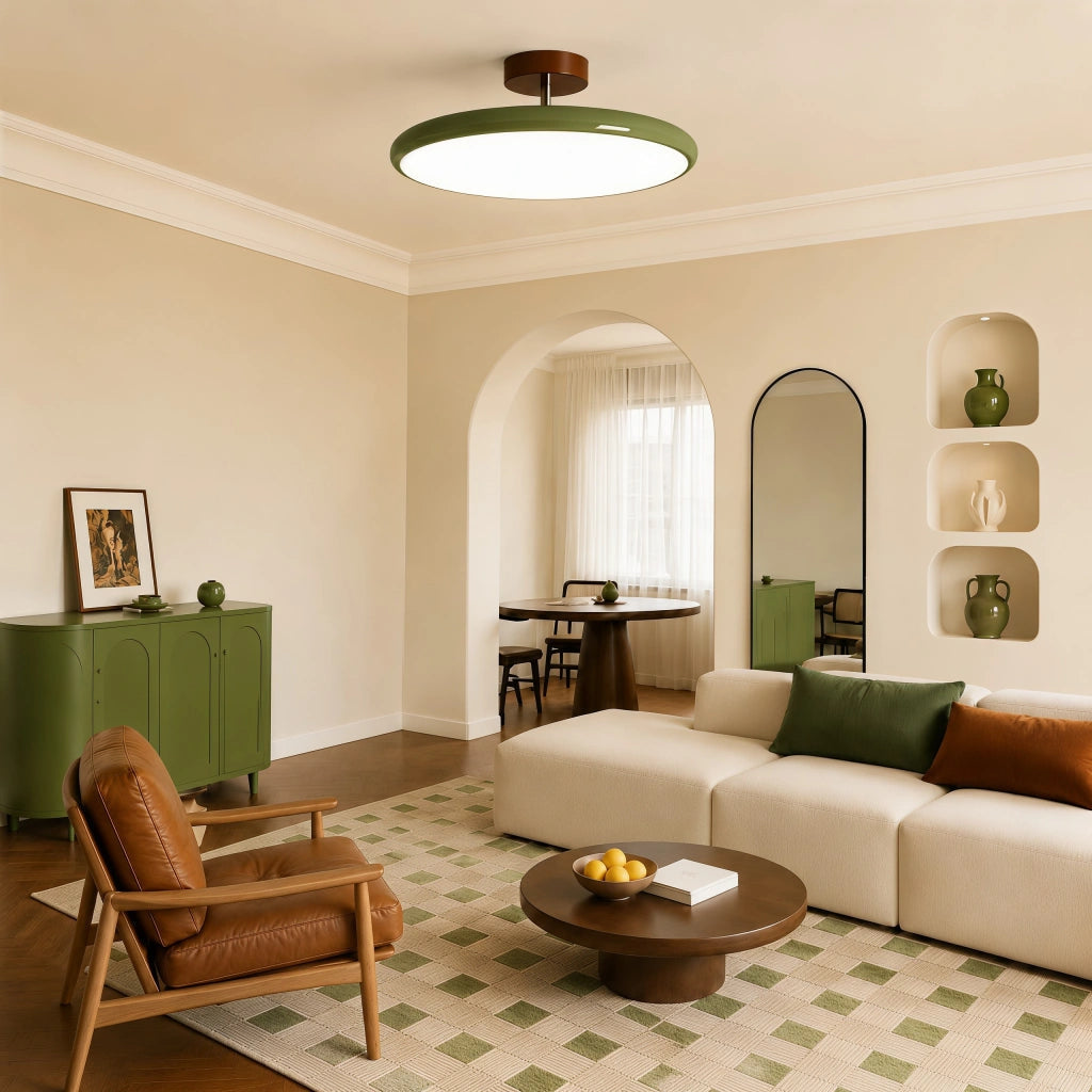 Candeeiro de teto redondo em metal e acrílico — LED quente regulável, bege/verde/vermelho