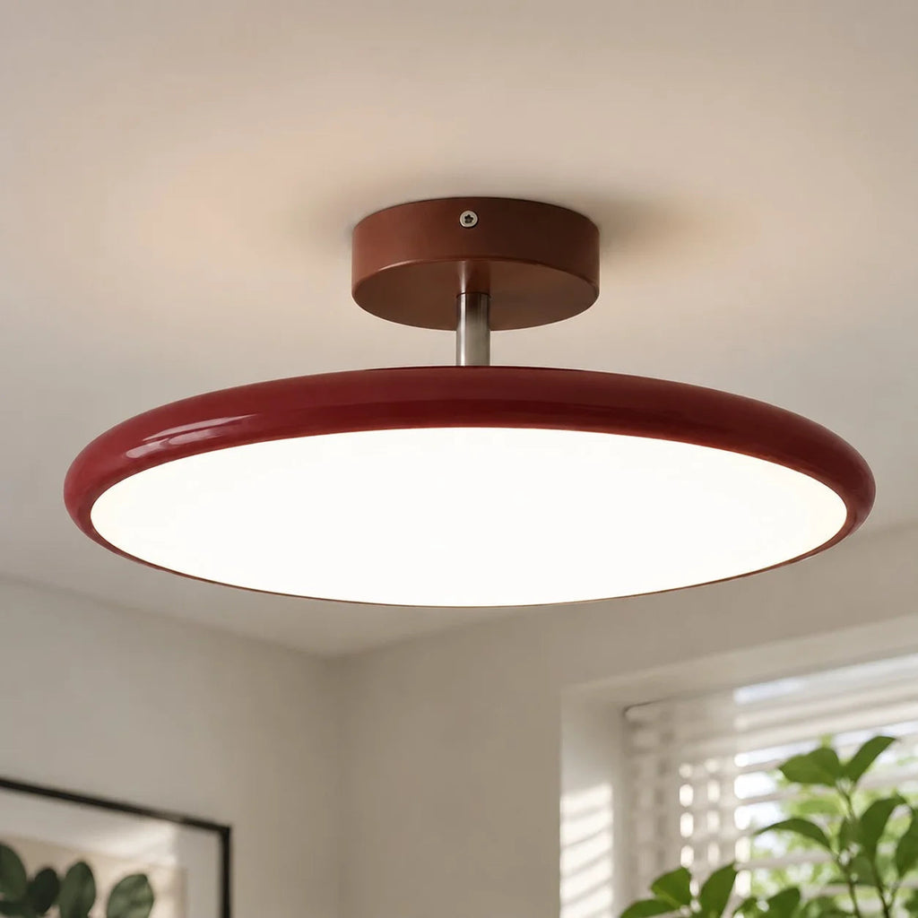 Candeeiro de teto redondo em metal e acrílico — LED quente regulável, bege/verde/vermelho
