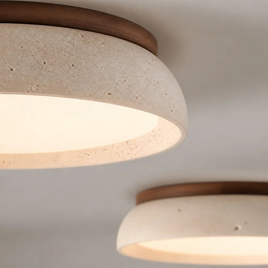 Luz de teto redonda em travertino — Detalhe em nogueira, LED quente, Wabi-Sabi