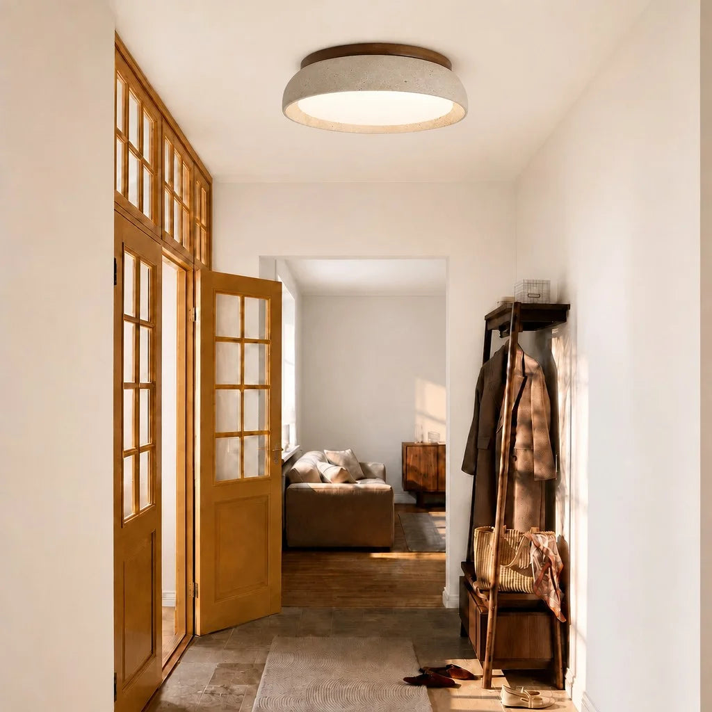 Luz de teto redonda em travertino — Detalhe em nogueira, LED quente, Wabi-Sabi