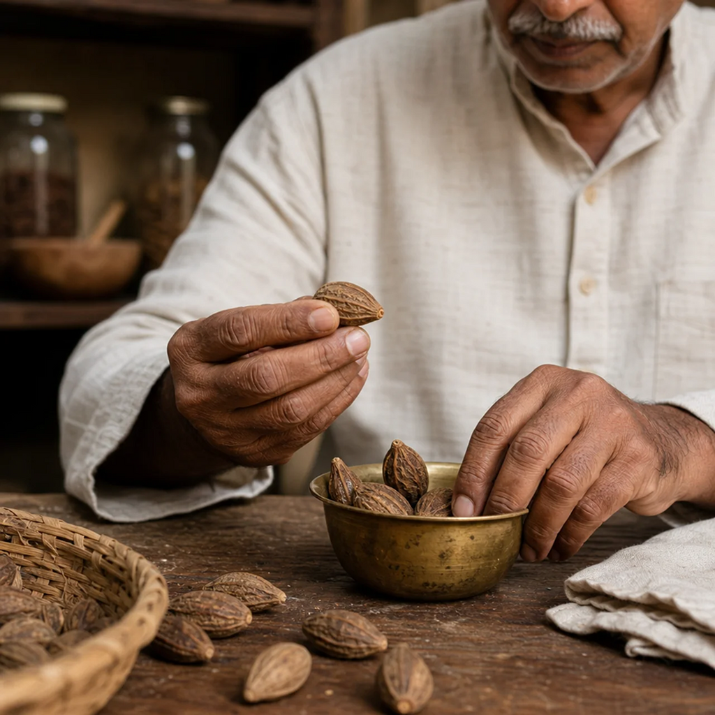 Hands sorting dried haritaki fruits into a brass bowl