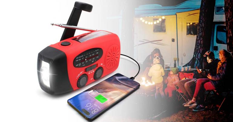 Radio Kecemasan - AM/FM - Cas Suria & Pemutar Tangan - Lampu Suluh LED & Power Bank 1200mAh - Hitam & Merah