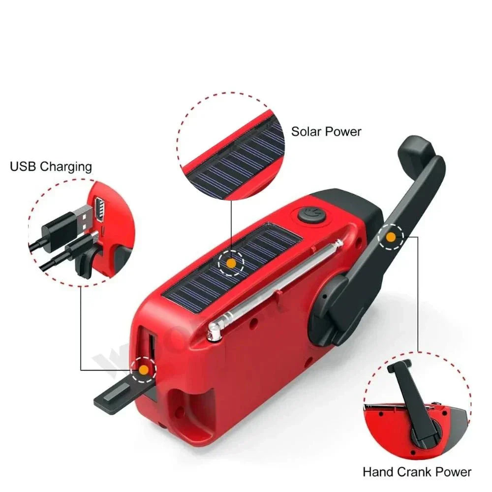 Radio Kecemasan - AM/FM - Cas Suria & Pemutar Tangan - Lampu Suluh LED & Power Bank 1200mAh - Hitam & Merah