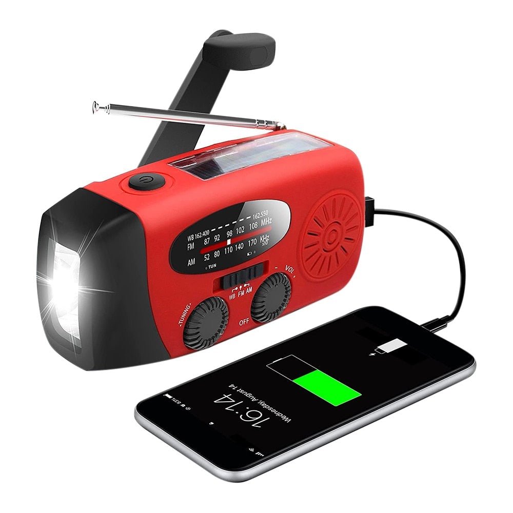 Radio Kecemasan - AM/FM - Cas Suria & Pemutar Tangan - Lampu Suluh LED & Power Bank 1200mAh - Hitam & Merah
