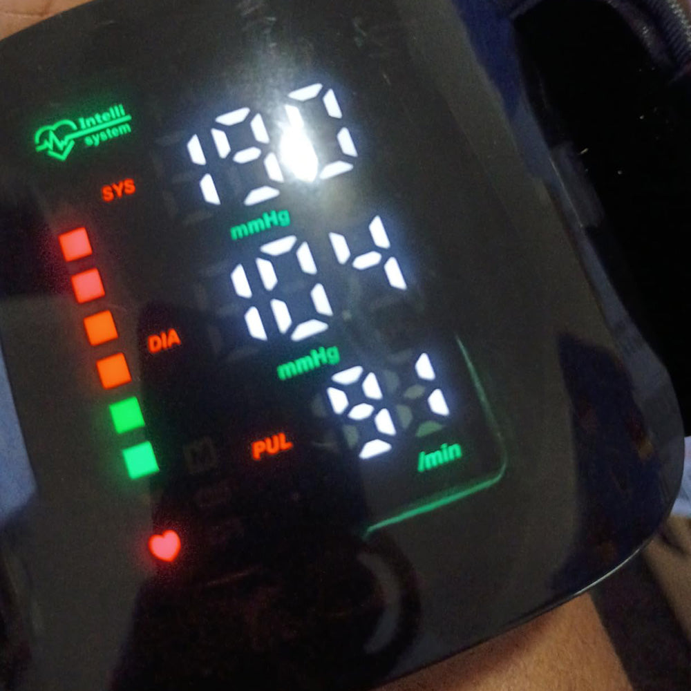 Close-up of the bright LED display with colour bar
