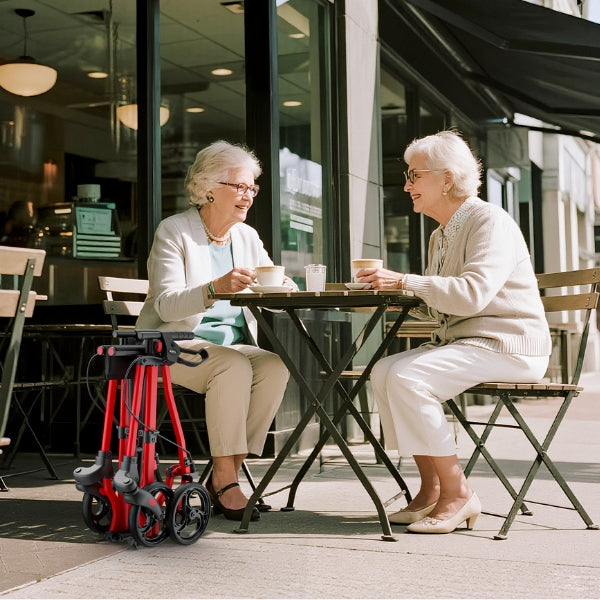 Two women at a café table with the folded rollator standing beside them