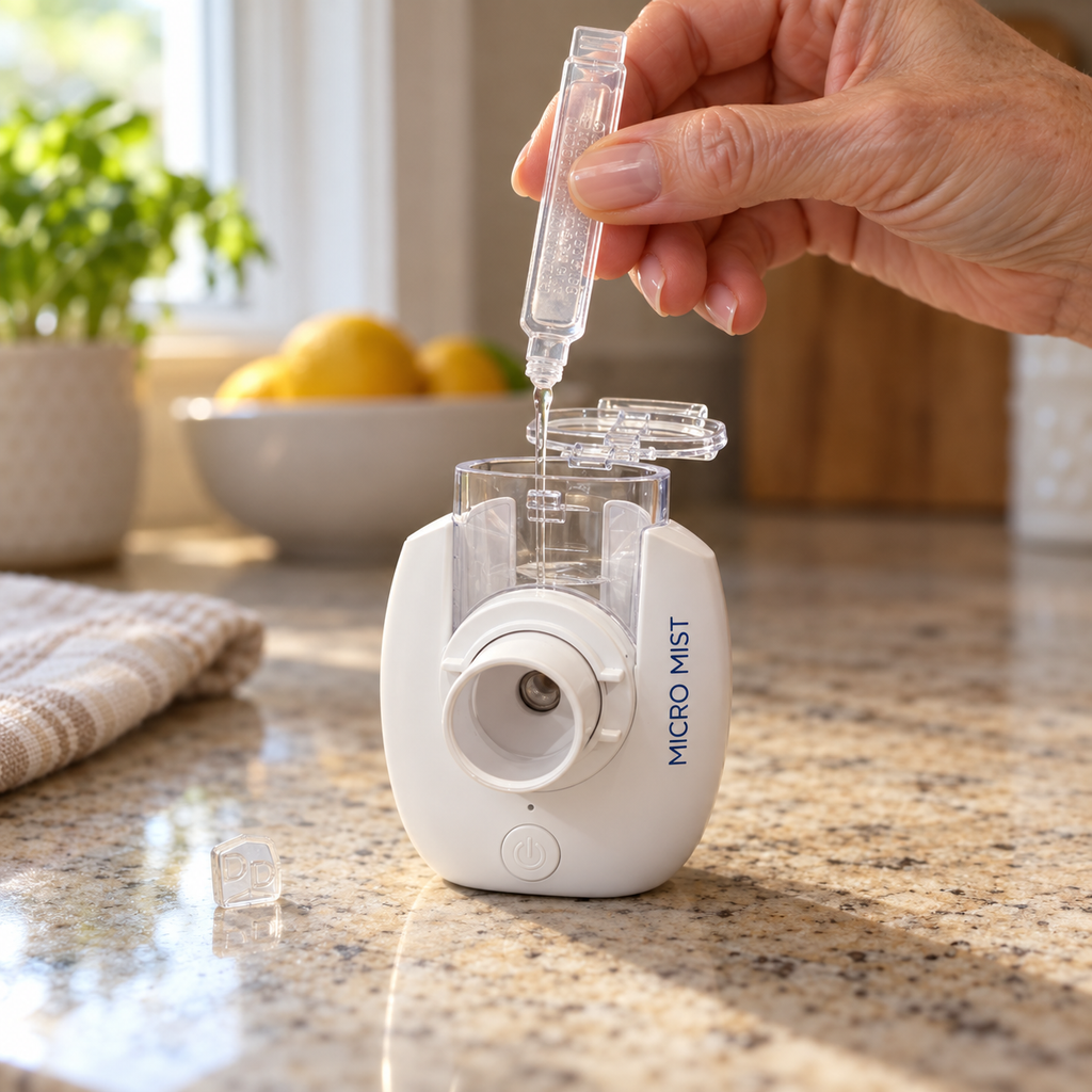 Nebulizer being filled on a kitchen worktop at home