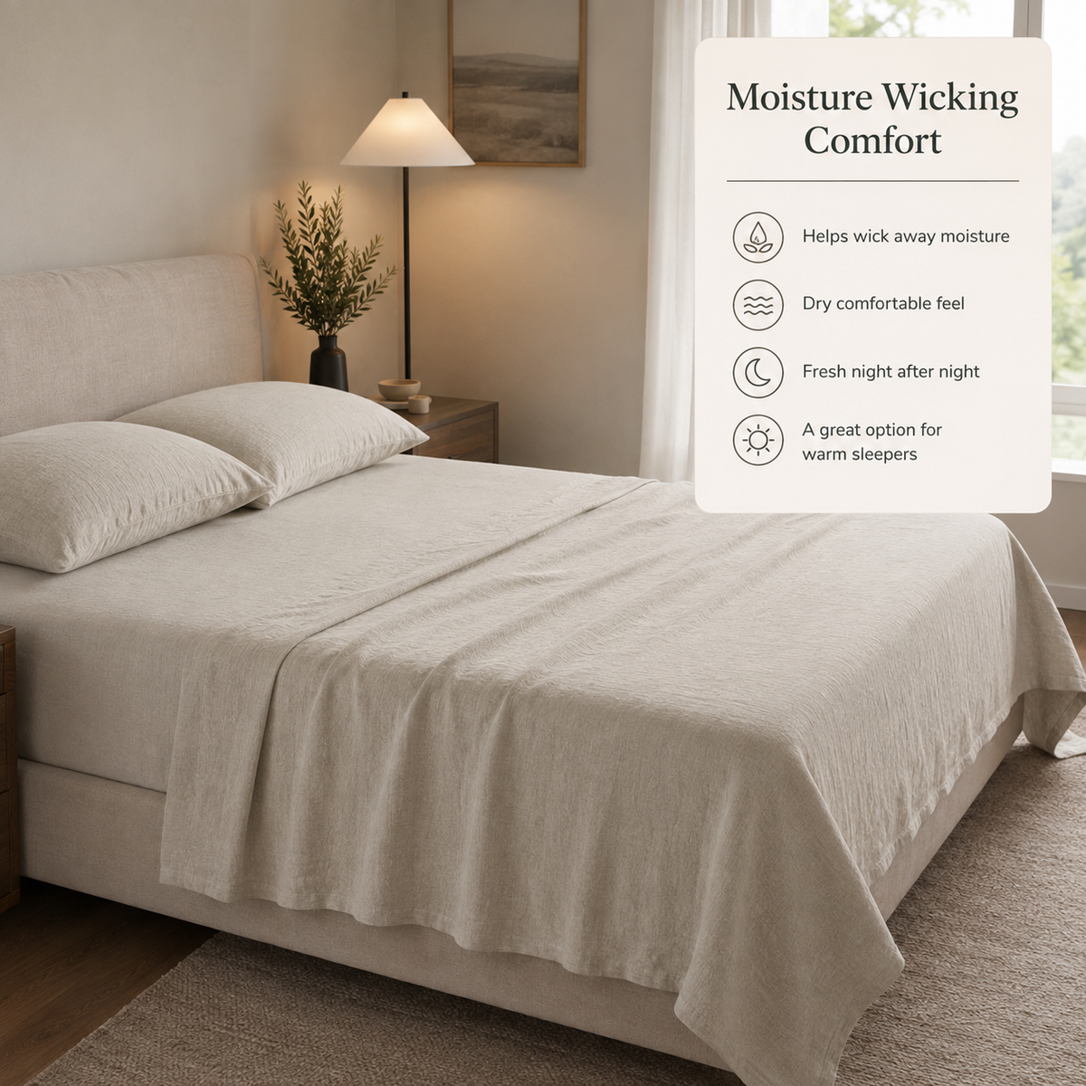 A close-up shows the weave of VivoSleep pure linen bed sheets.