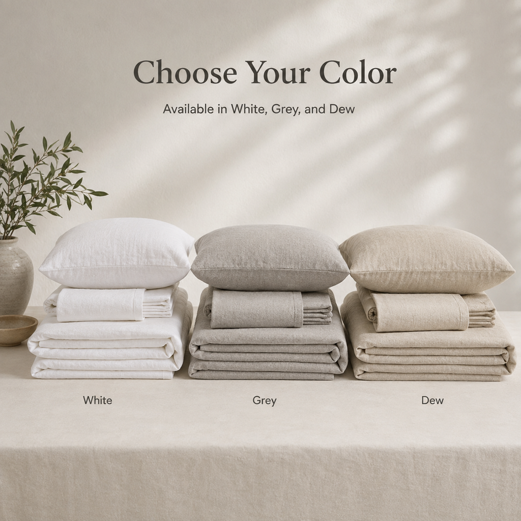 VivoSleep pure linen bed sheets come in three colour options.