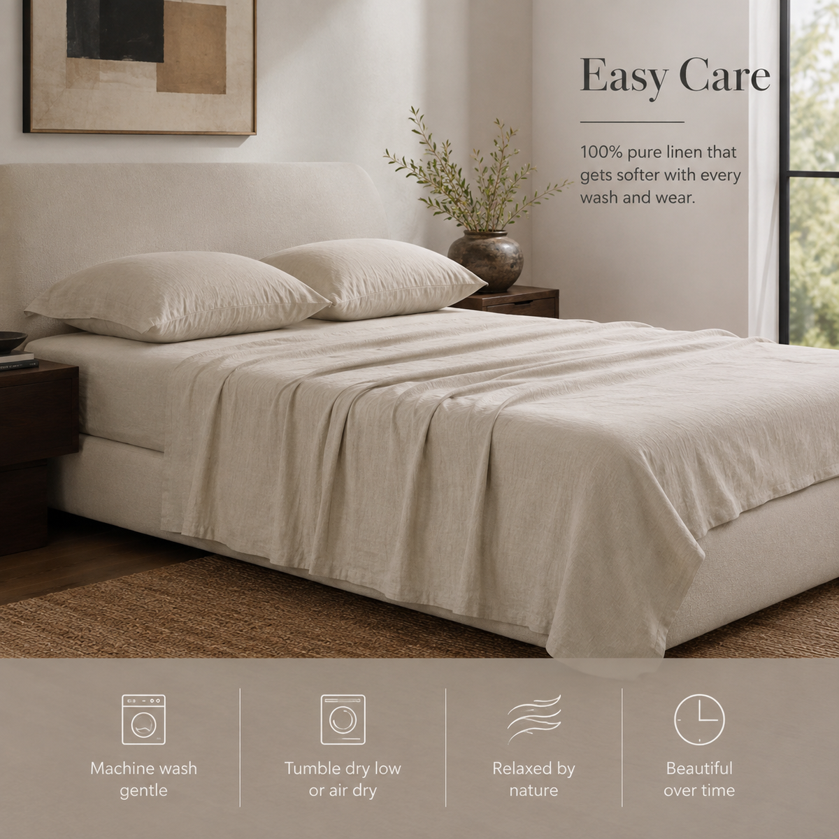 VivoSleep linen bed sheets are machine washable and easy to care for.