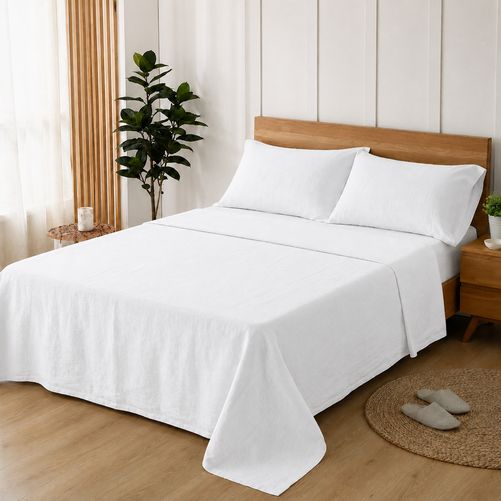 White VivoSleep pure linen bed sheets are made up on a double bed.