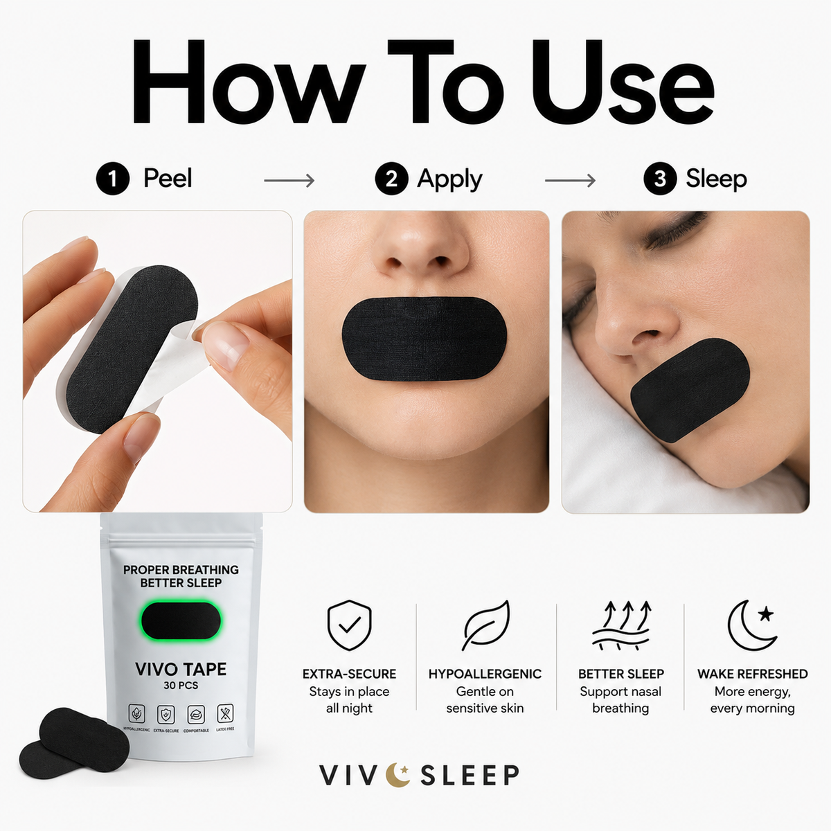 VivoSleep mouth tape is applied in one strip across the lips.