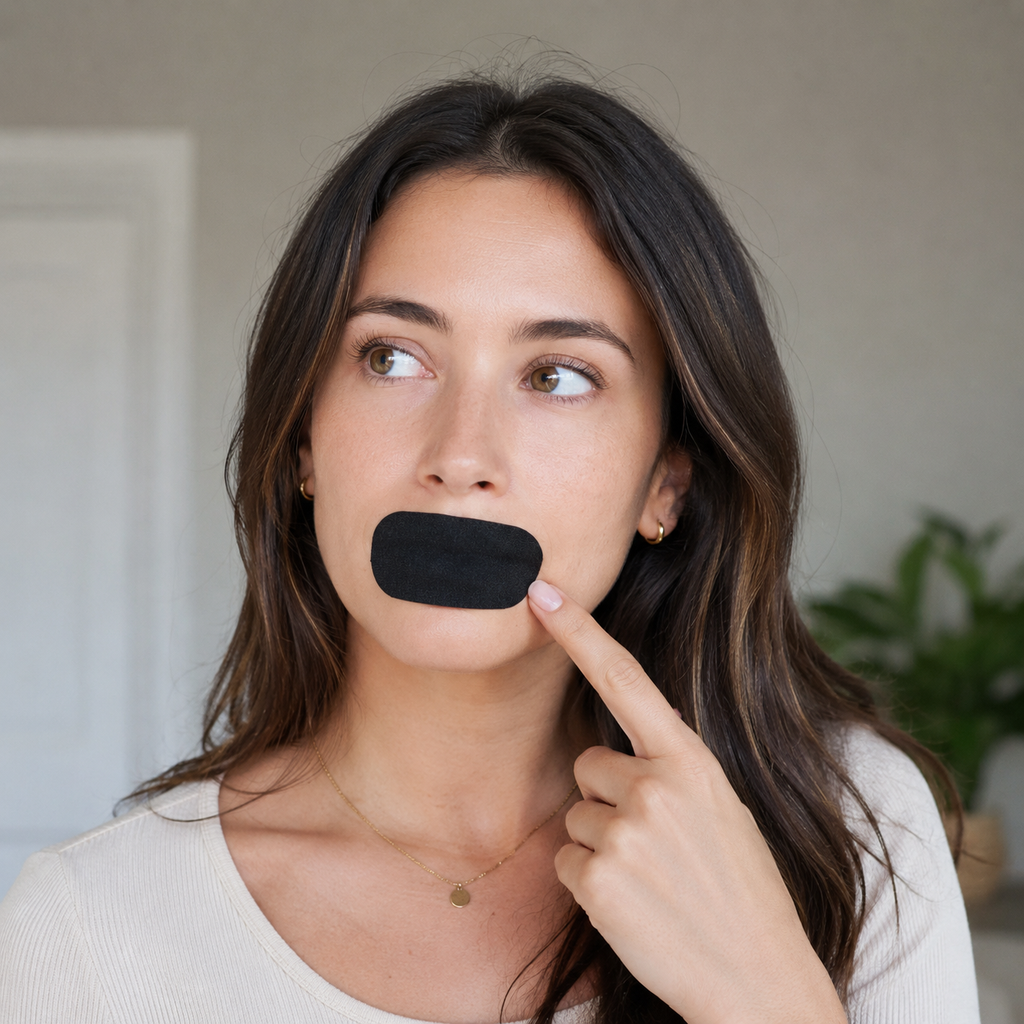 A sleeper wears VivoSleep mouth tape across gently closed lips.