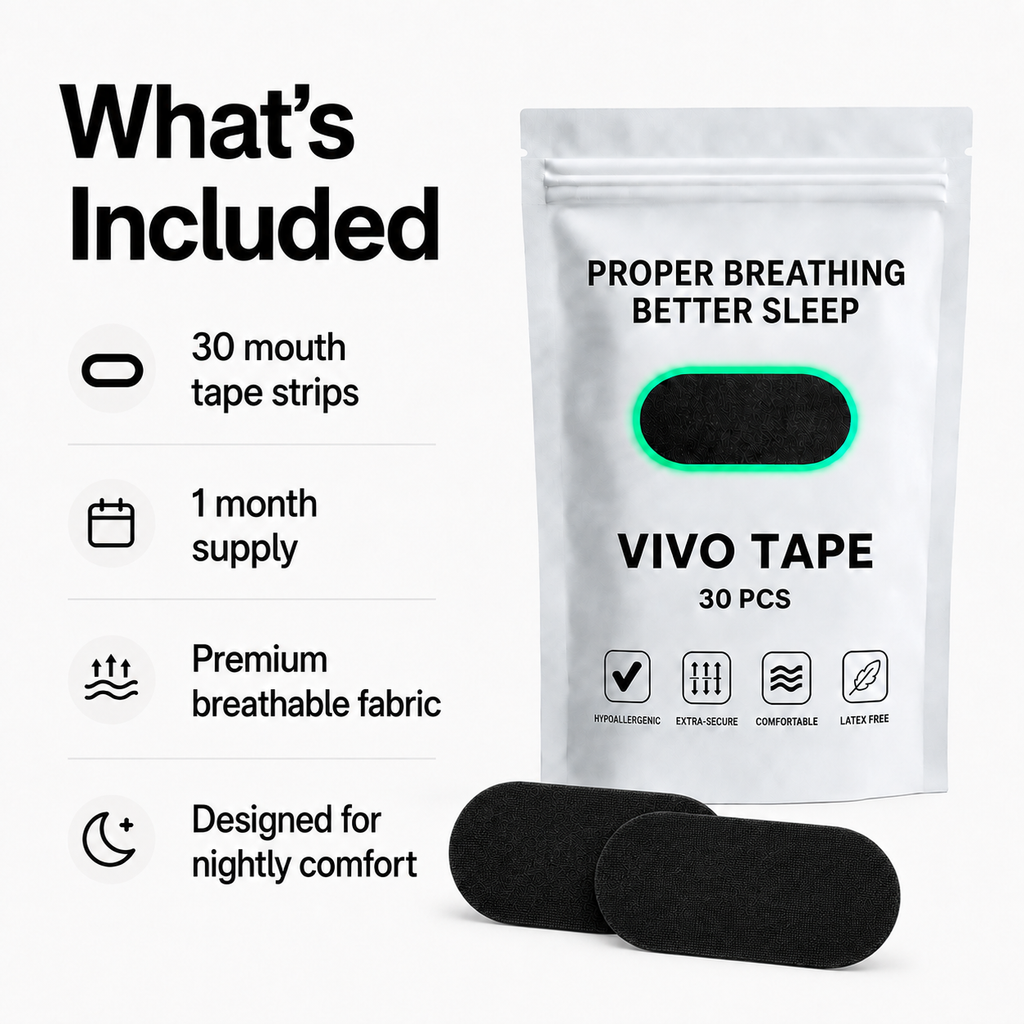 The VivoSleep mouth tape pack includes 30 pre-cut sleep strips.