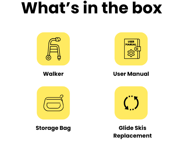 Icons of the box contents: walker, user manual, storage bag and glide skis
