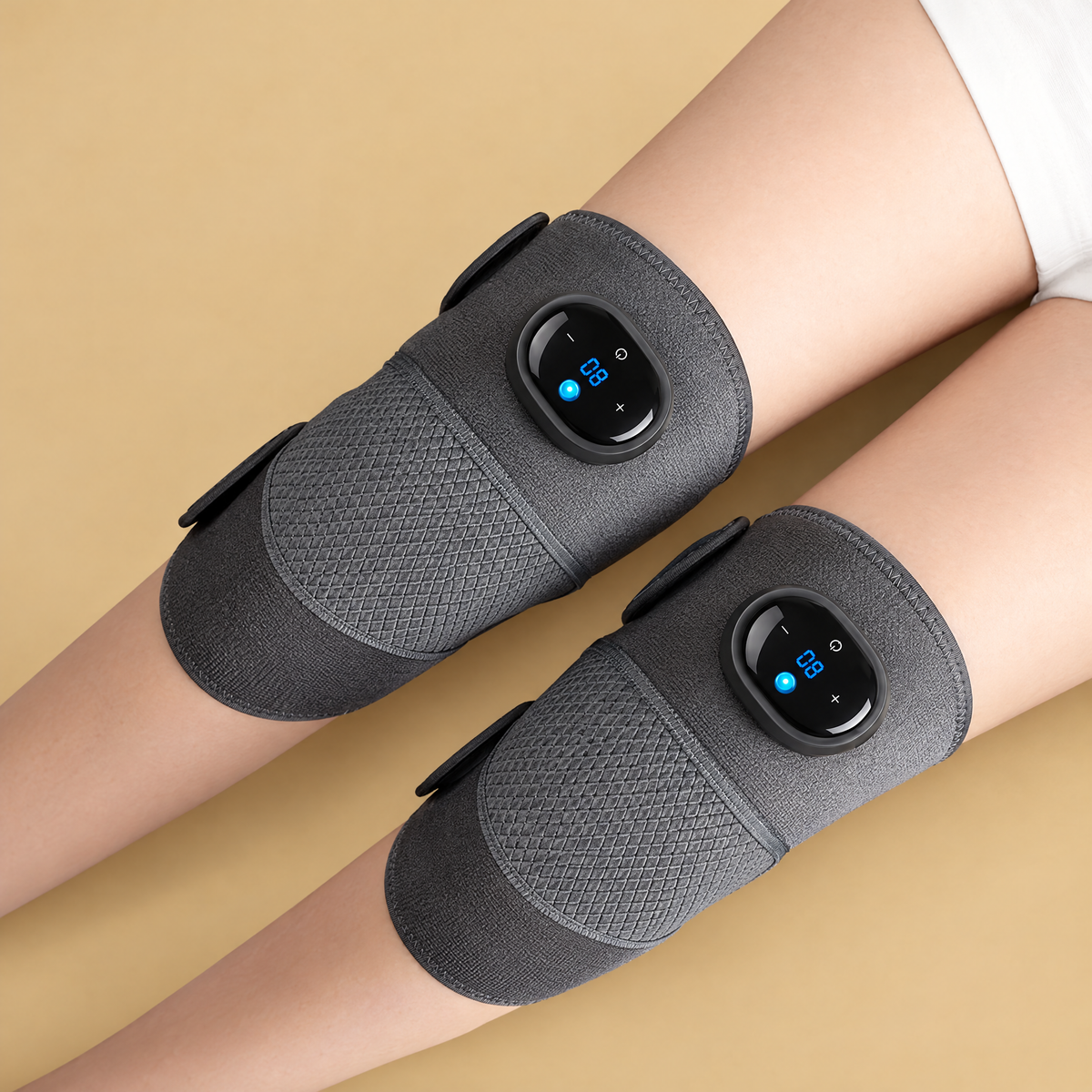 Two WarmDuo wraps worn on both legs
