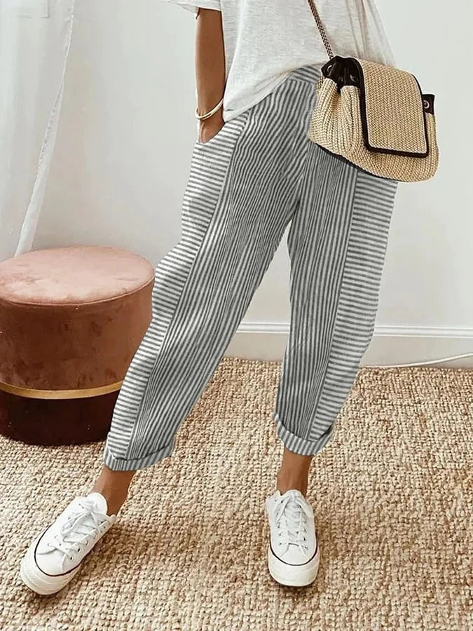 Women's Striped Comfortable Cropped Trousers | Orntli