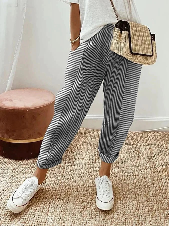 Women's Striped Comfortable Cropped Trousers | Orntli