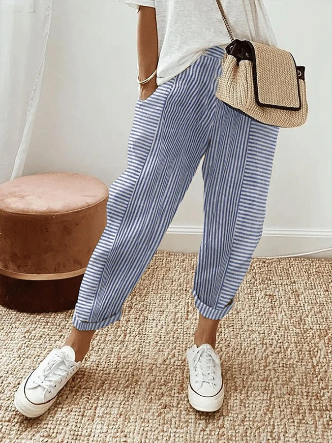 Women's Striped Comfortable Cropped Trousers | Orntli