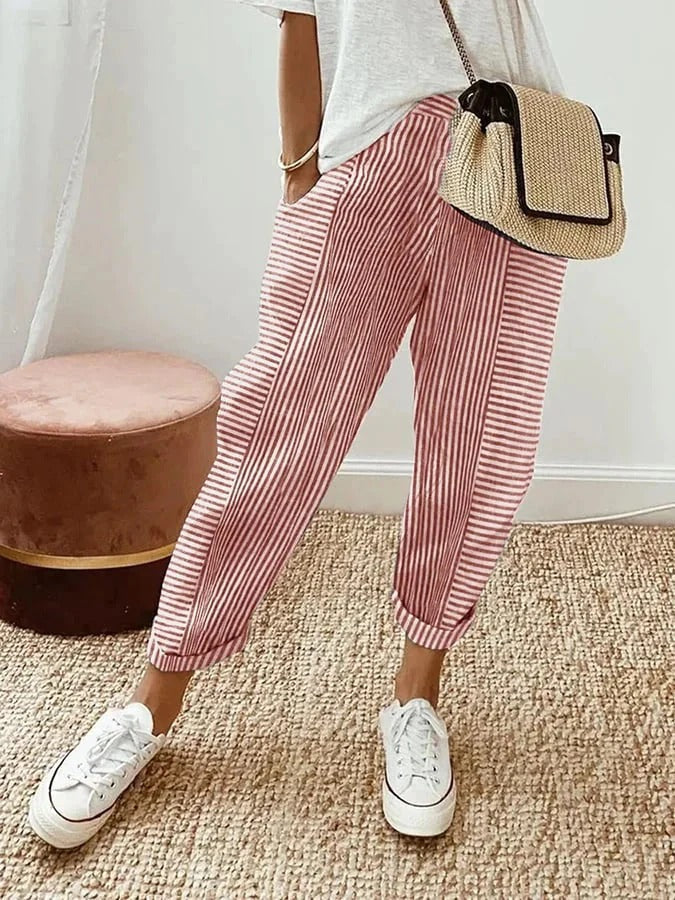 Women's Striped Comfortable Cropped Trousers | Orntli