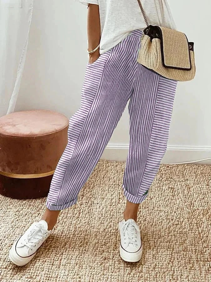 Women's Striped Comfortable Cropped Trousers | Orntli
