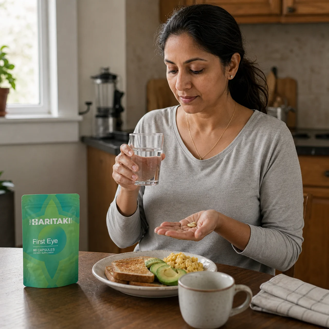 Woman at the breakfast table holding a capsule and a glass of water next to the pouch