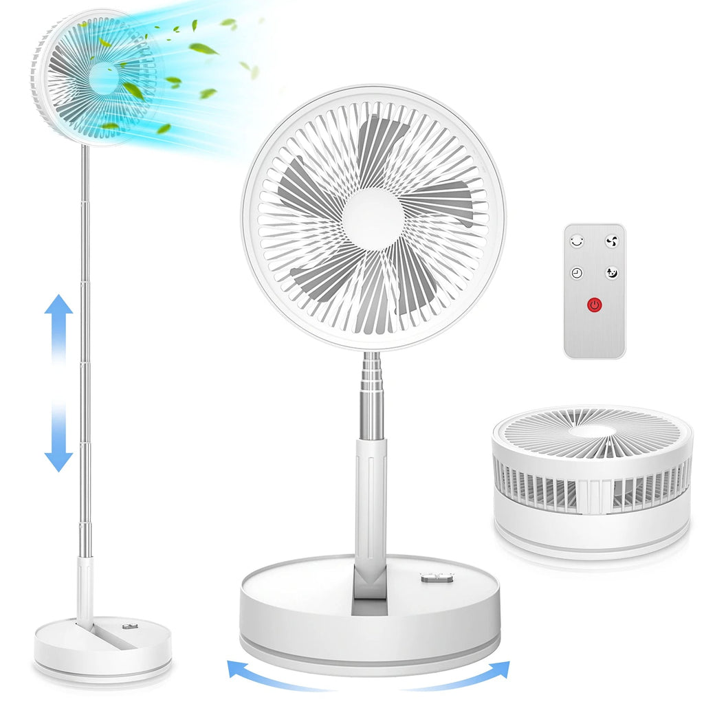 Ventilatore da pavimento pieghevole ricaricabile con batteria da 7200mAh e telecomando, 4 velocità