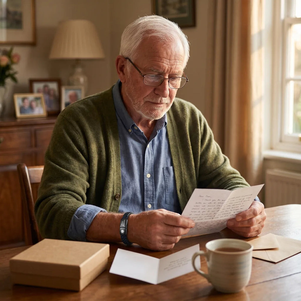 Man in a cardigan reading a letter while wearing the bracelet