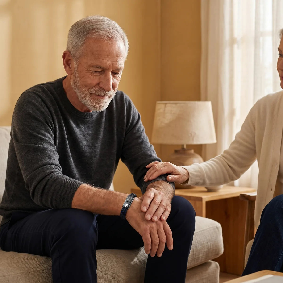 Man on a sofa with his partner's hand on his wrist