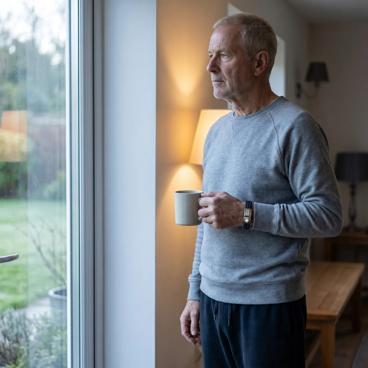 Man by a window holding a mug and wearing the bracelet