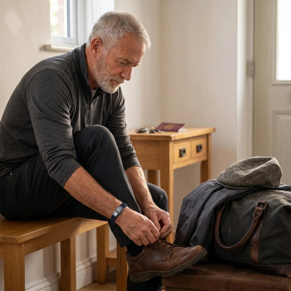 Man tying his shoes next to a travel bag, bracelet on his wrist