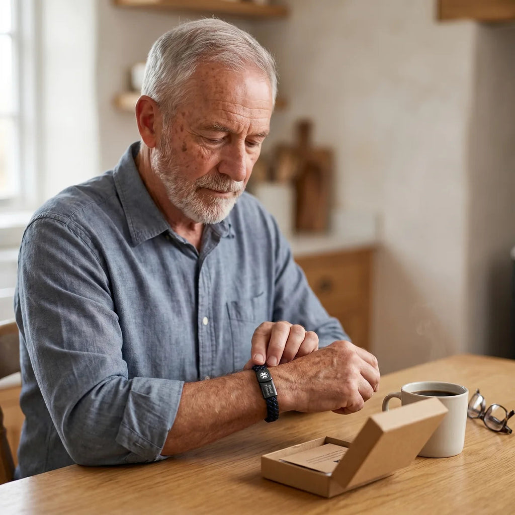Older man at the kitchen table putting on a braided medical alert bracelet